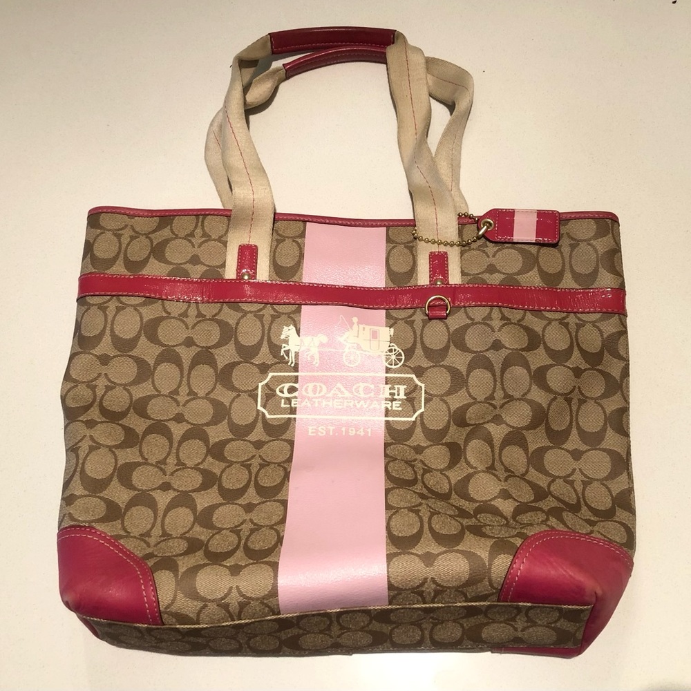 COACH 2008 Heritage Signature Stripe Carriage Pink Tote Bag